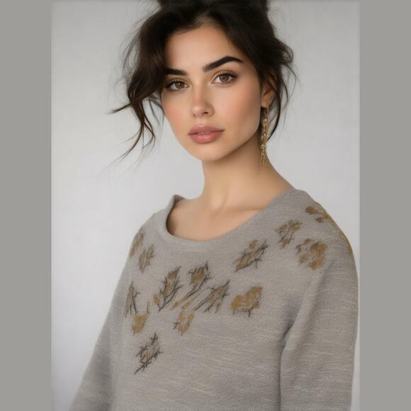 LUCKY LOTUS Gray Textured Knit Gold Studded Boat Neck 3/4 Sleeve Pullover Top M - Picture 1 of 13